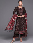 Indo Era Women Coffee Brown & Maroon Printed Straight Kurta with Palazzos & With Dupatta