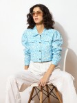 Sassafras Women Blue & White Printed Pure Cotton Crop Tailored Jacket