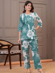 Pashet Women Floral Printed Cotton Crochet Detailing & Side Tie Top With Trousers Co-Ords