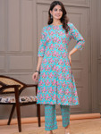 Pashet Women Handblock Floral Printed Cotton A-Line Kurta with Trousers