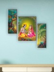 Saf Green & Pink 3 Pieces Radha Krishna Digital Reprinted Wall Art