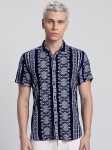 Snitch Navy Blue & White Classic Abstract Printed Casual Shirt