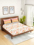 Spaces Coral & White Floral Cotton 144 TC Queen Bedsheet with 2 Pillow Covers