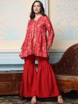 Ishin Maroon Floral Printed V-Neck Gotta Patti A-Line Kurti With Sharara