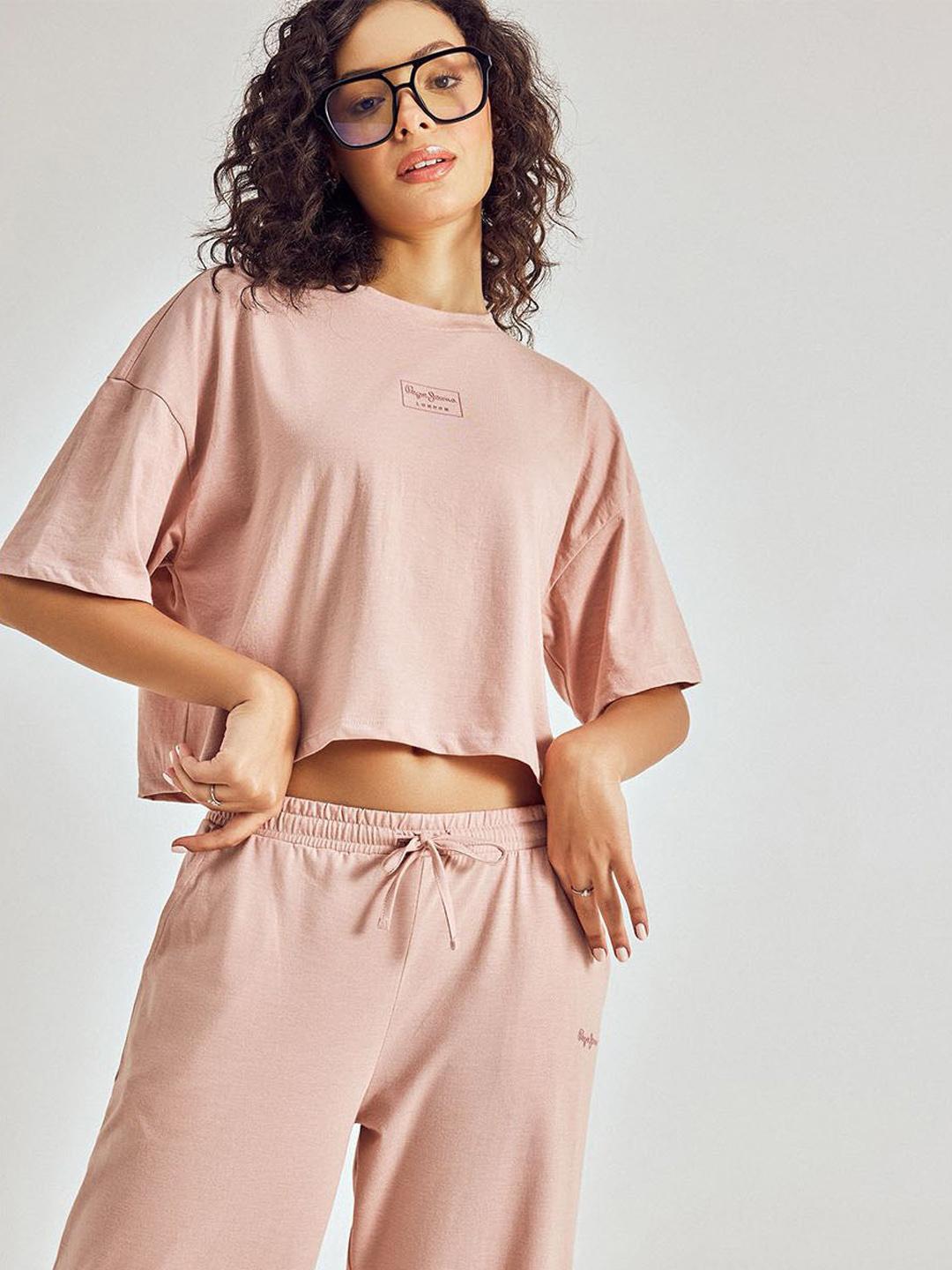 Buy Pepe Jeans Women Solid Round Neck T Shirt & Pyjamas Night Suit -  - Apparel for Women