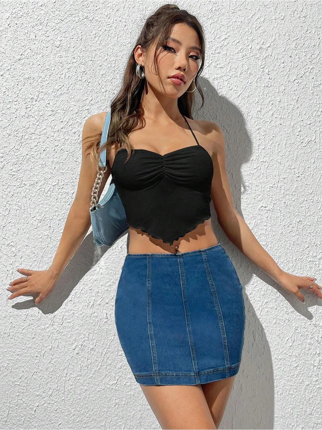 Stylecast X Slyck Solid Pattern Tie-Up Neck Crop Top view 3