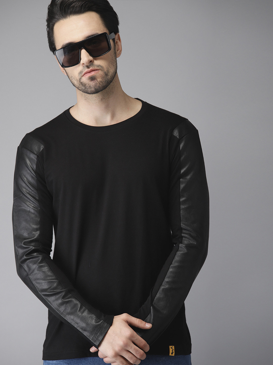 Buy Campus Sutra Men Black Solid Round Neck Faux Leather T Shirt  - Tshirts for Men 10017017 | Myntra