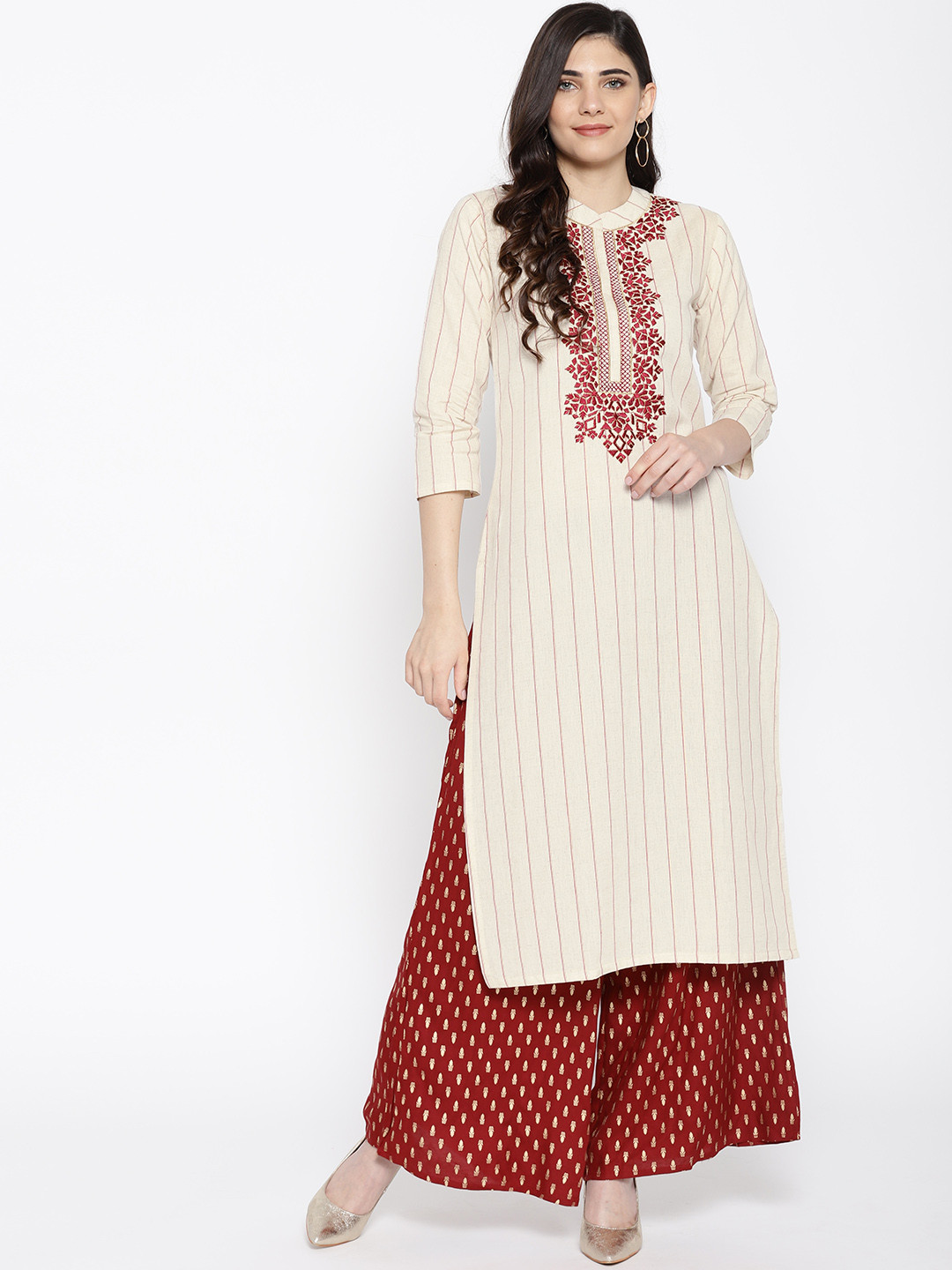 Indo Era Red Embroidered Straight Kurtas