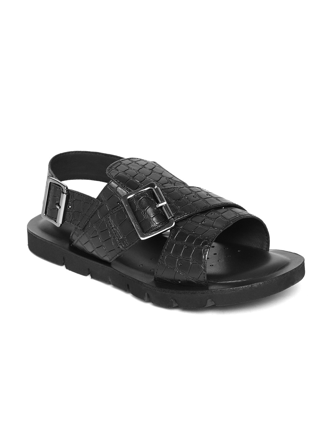 Buy Geox Men Black Textured Leather Comfort Sandals Sandals for Men