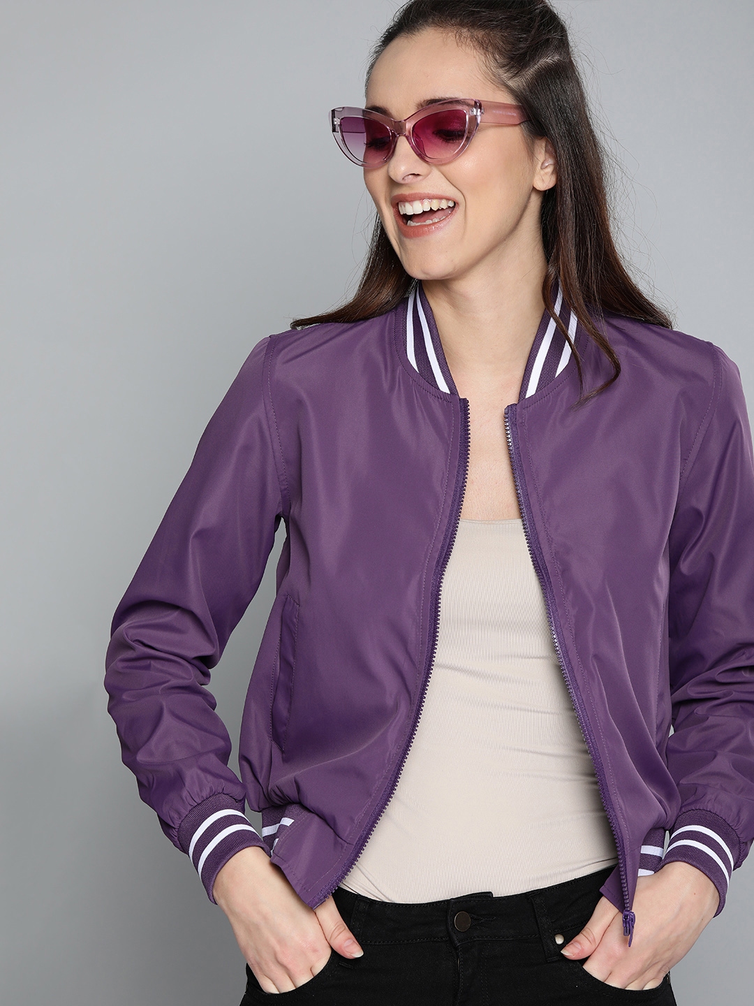 Buy HERE&NOW Women Purple Solid Bomber Jacket Jackets for Women