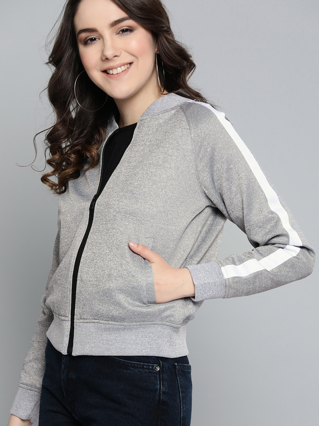 Buy HERE&NOW Women Grey Melange Solid Bomber Jacket Jackets for Women