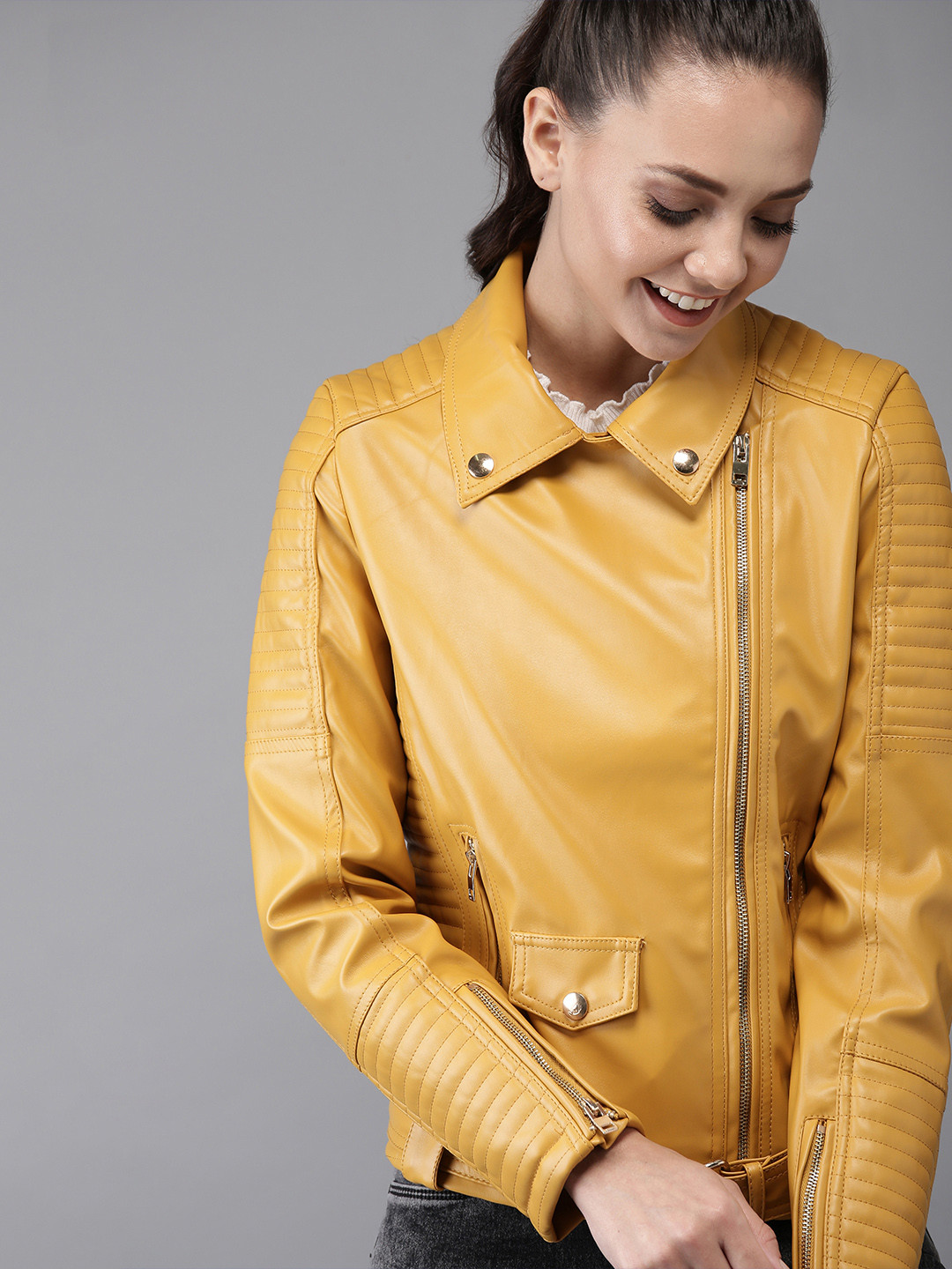 Buy HERE&NOW Women Mustard Yellow Solid Biker Jacket Jackets for