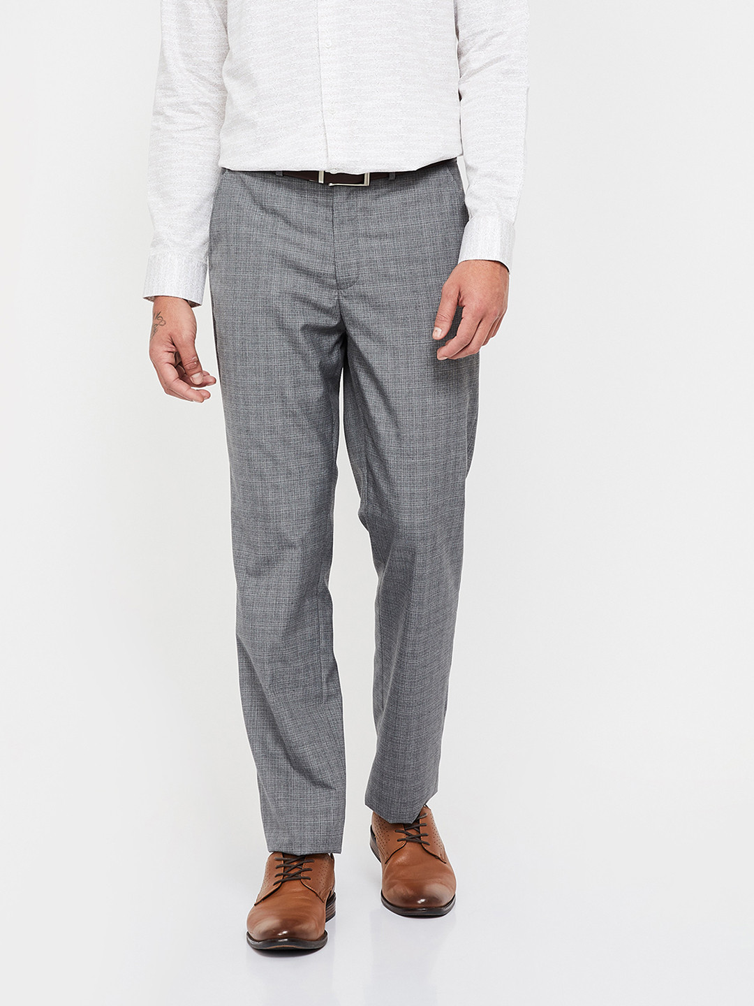 Buy CODE By Lifestyle Men Grey Regular Fit Striped Formal Trousers
