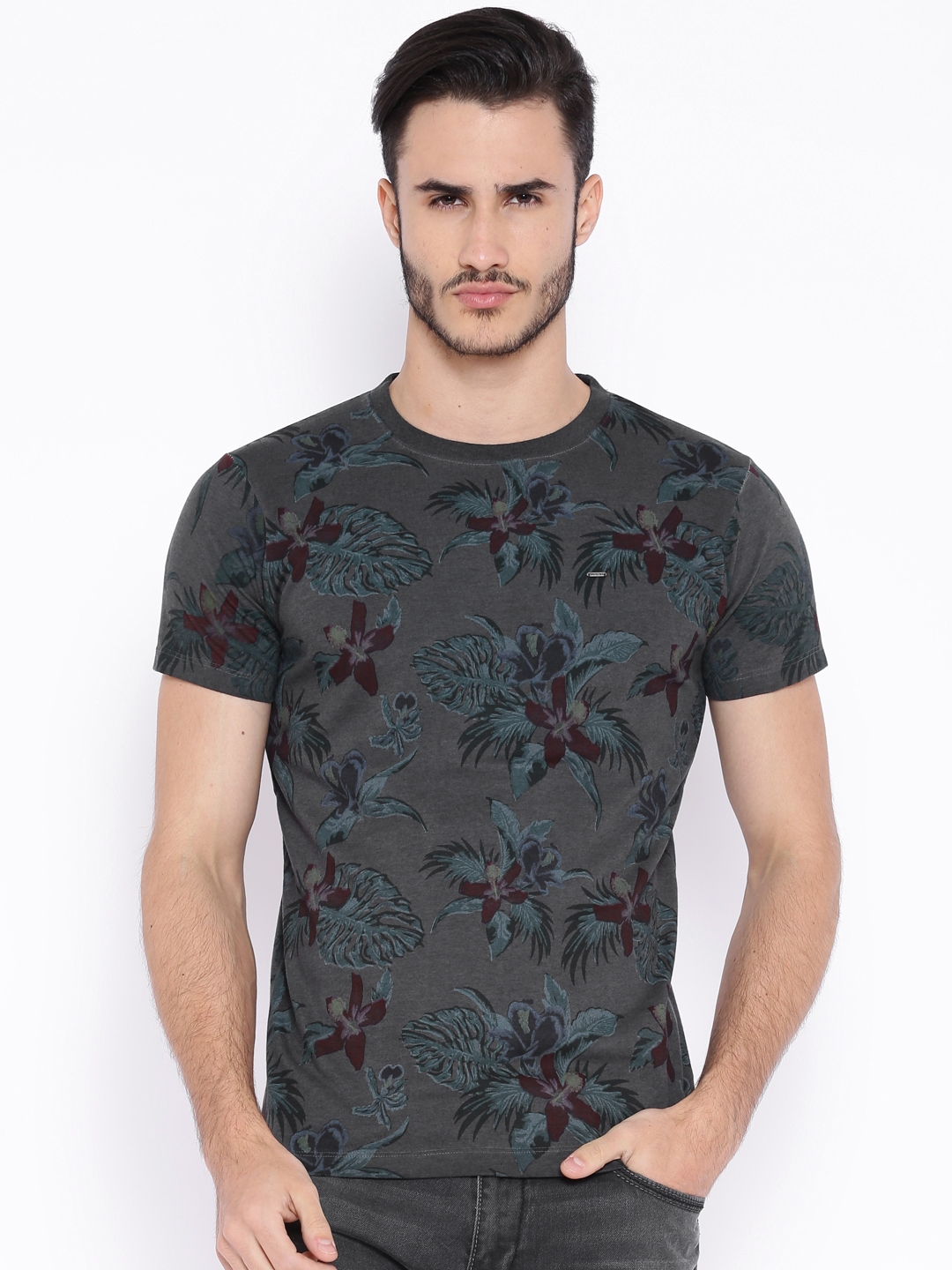 Buy Pepe Jeans Charcoal Grey Printed Pure Cotton T Shirt - Tshirts for ...
