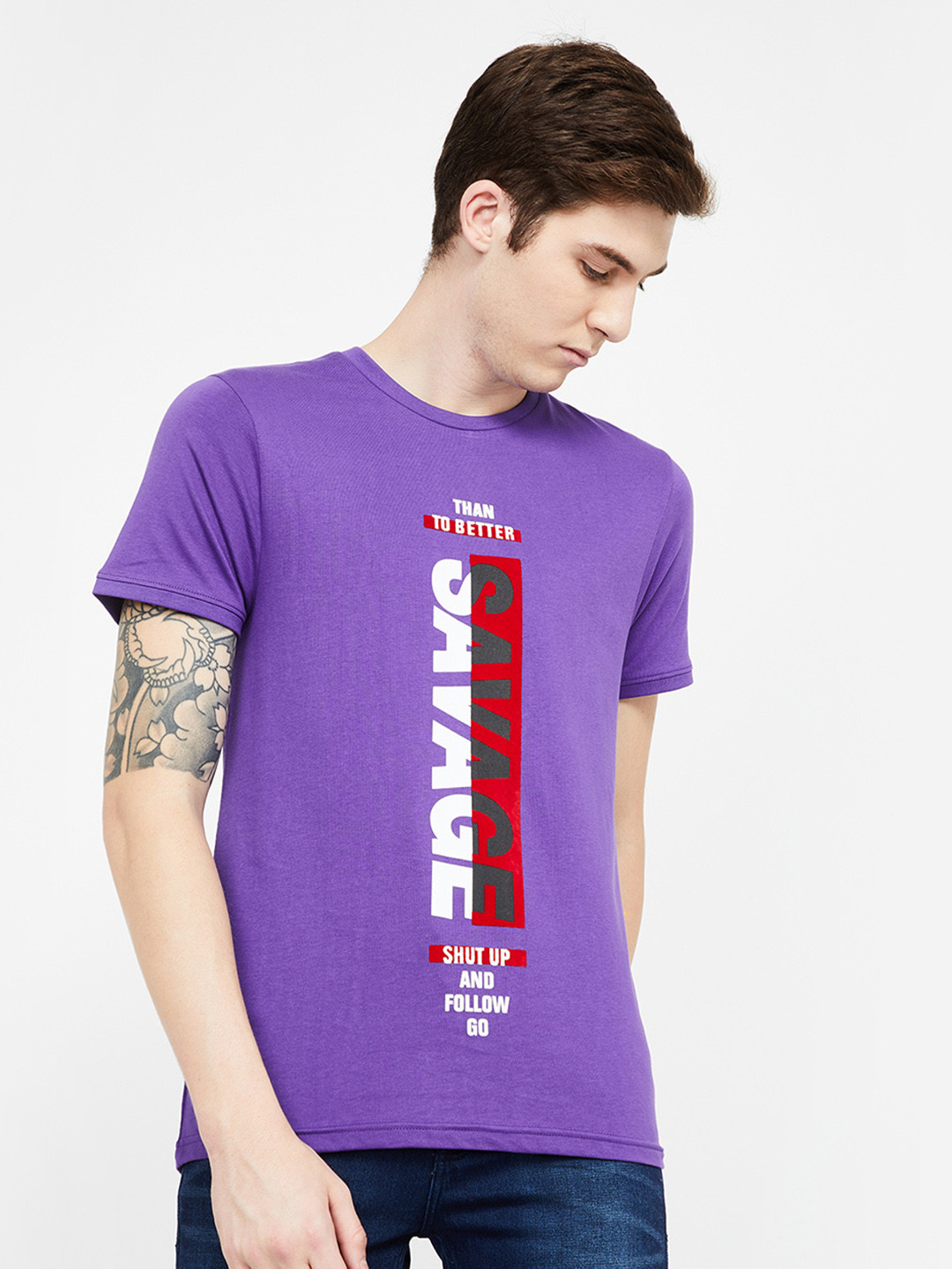 Buy Bossini Men Lavender Printed Round Neck Pure Cotton T Shirt