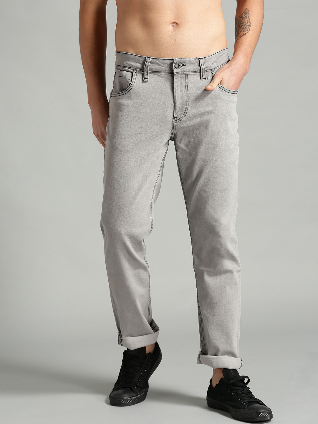 Buy The Roadster Lifestyle Co Men Grey Slim Fit Mid Rise Clean Look ...