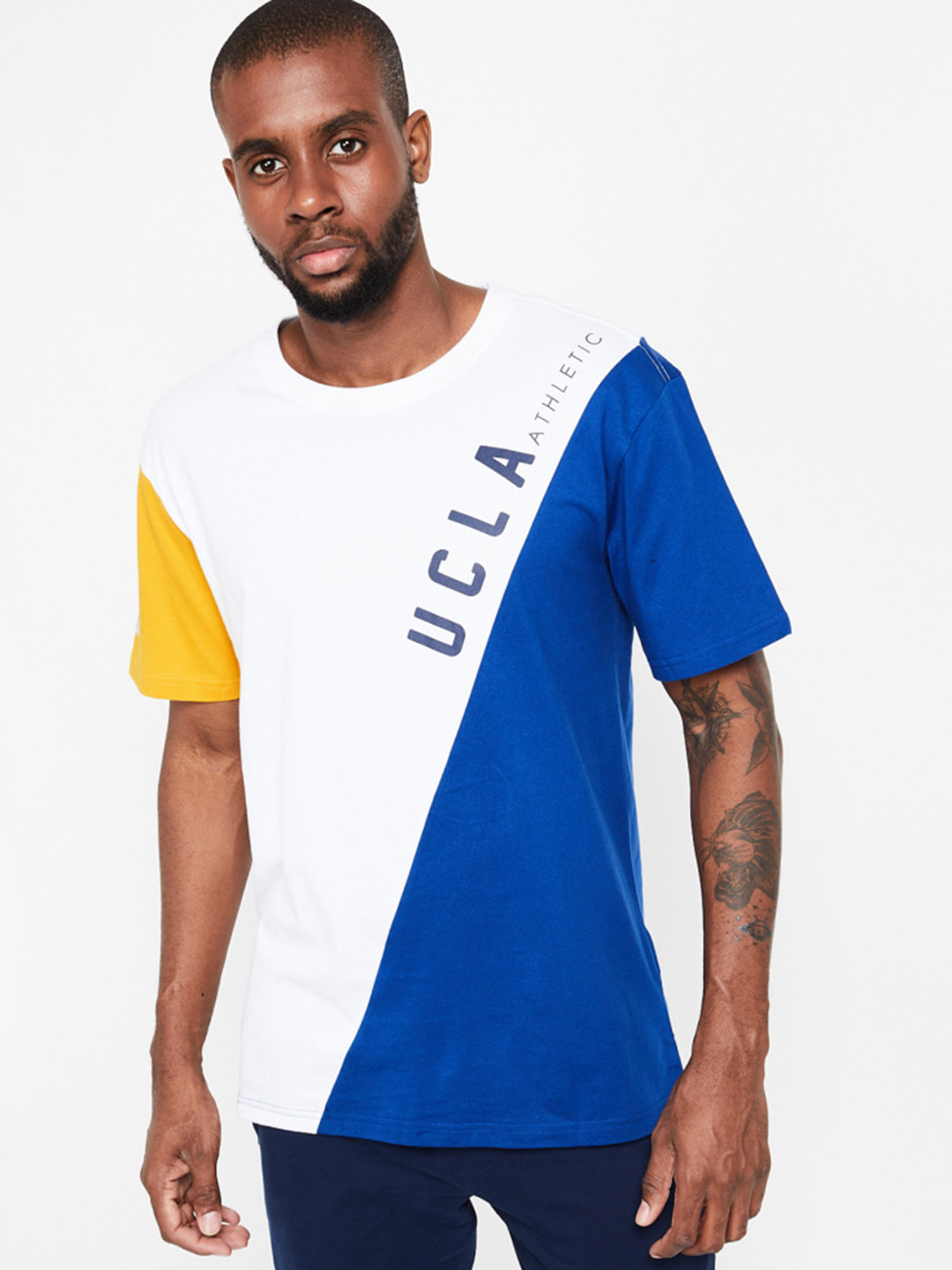 Buy UCLA Men White & Blue Colourblocked Round Neck T Shirt Tshirts