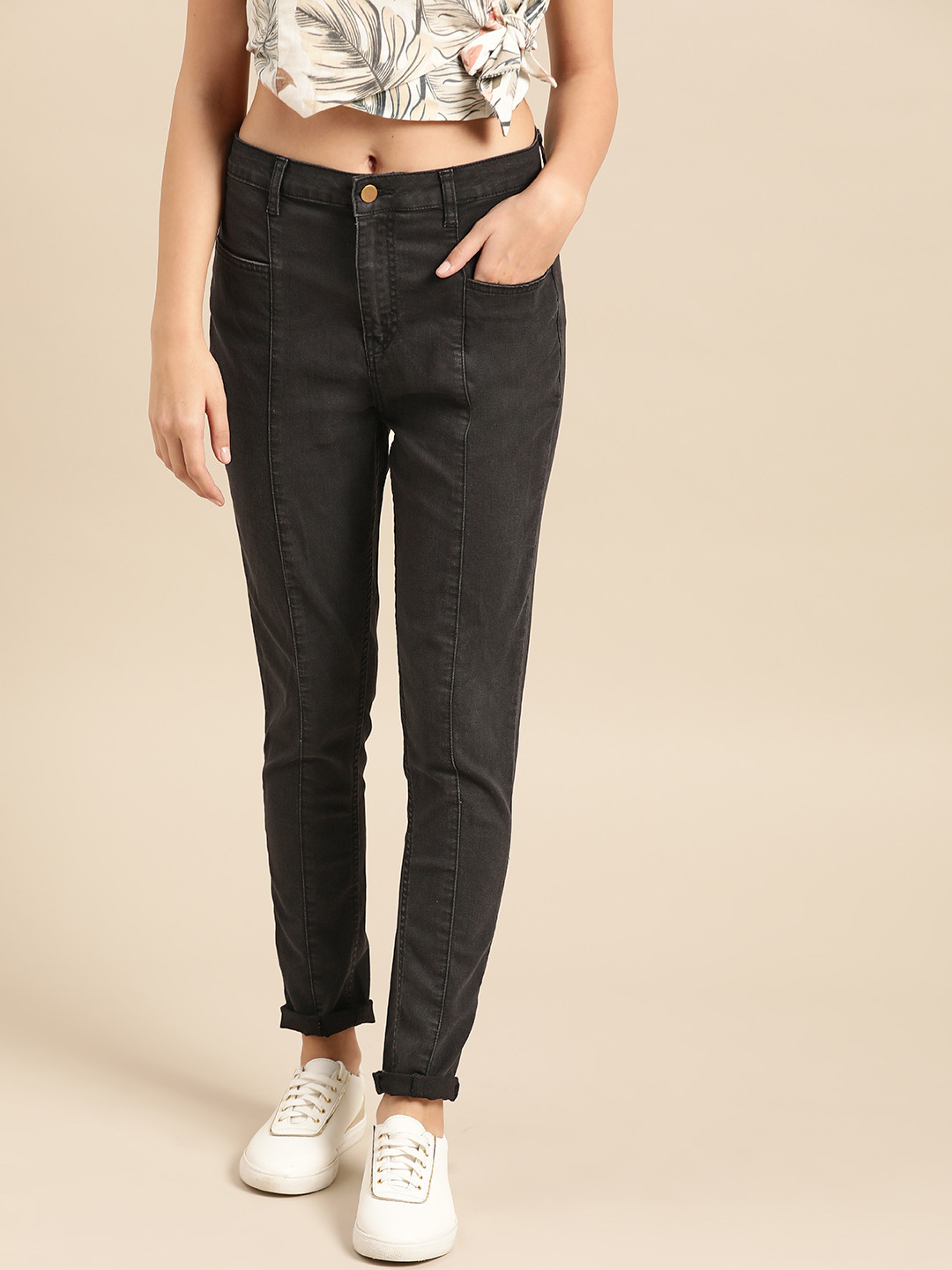 Buy DressBerry Women Charcoal Grey Skinny Fit Mid Rise Clean Look