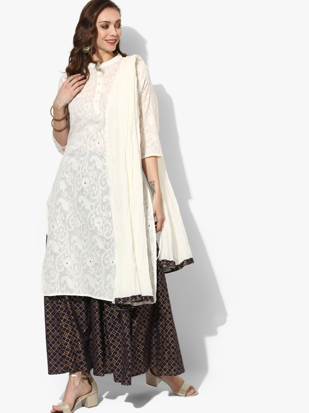 Buy Sangria Women Off White Self Design Kurta With Printed Palazzo And