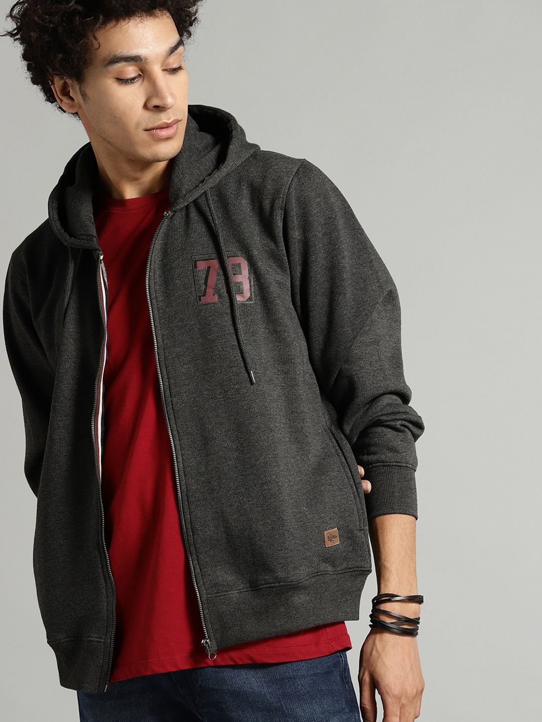 Buy The Roadster Lifestyle Co Men Charcoal Grey Solid Hooded Sweatshirt