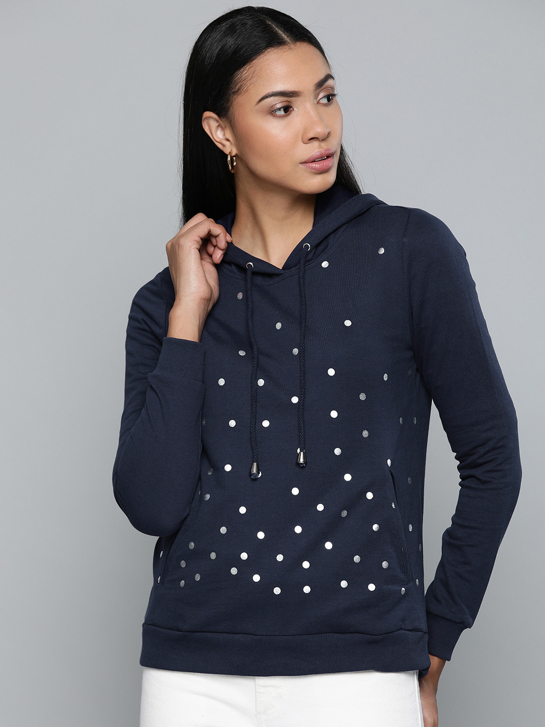 Buy Chemistry Women Navy Blue & Silver Toned Printed Hooded Sweatshirt