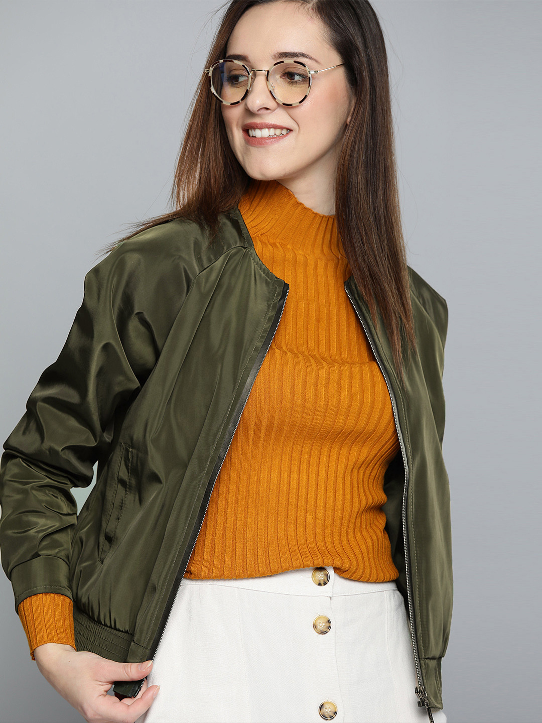 Buy Mast & Harbour Women Olive Green Solid Bomber Jacket Jackets for