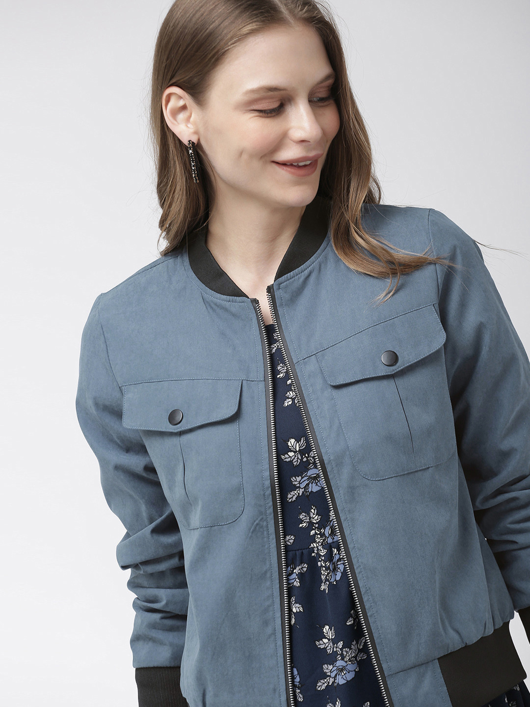 Buy Mast & Harbour Women Blue Solid Bomber Jacket Jackets for Women