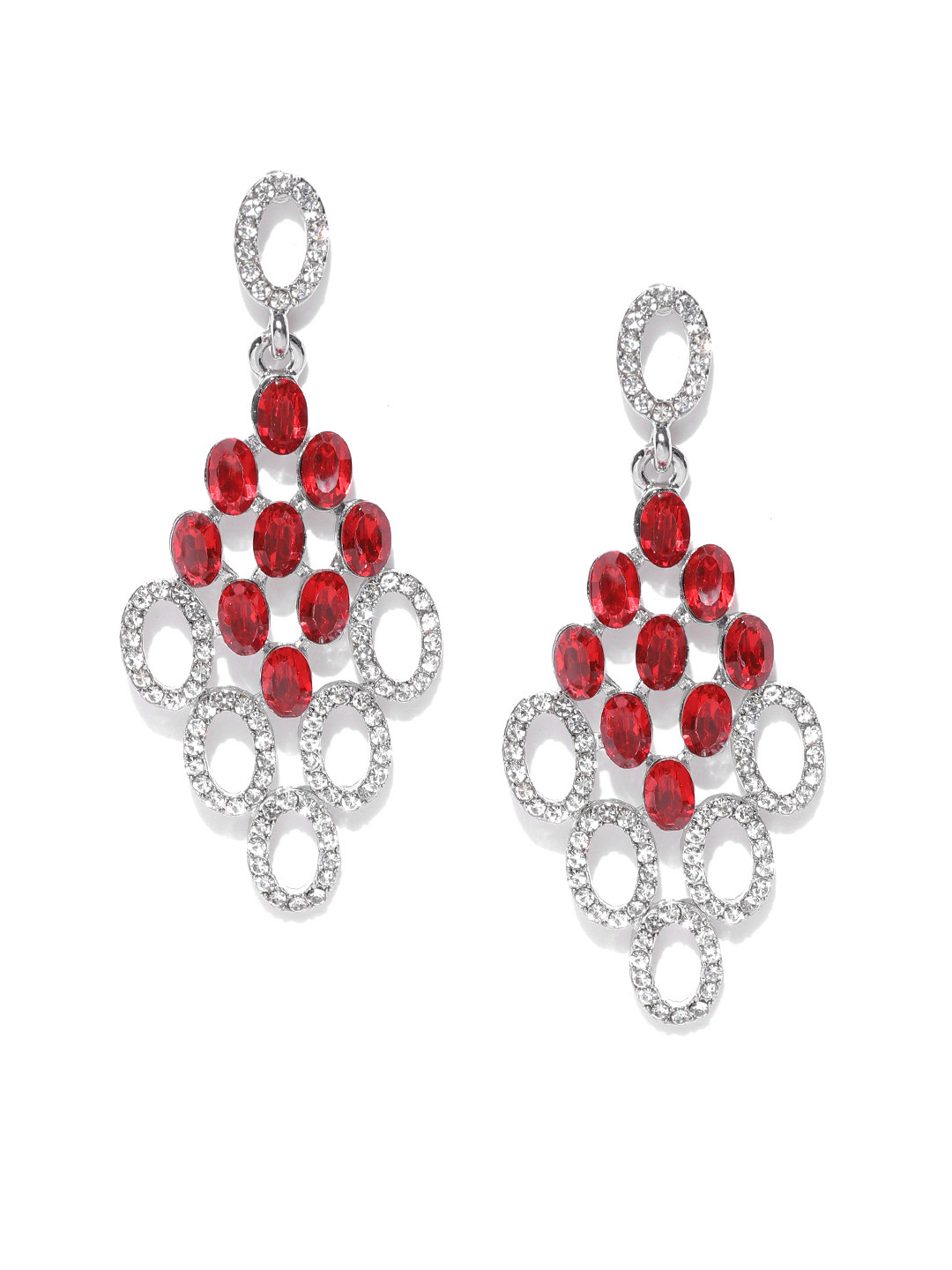 Buy DressBerry Red & Silver Toned Stone Studded Geometric Drop Earrings