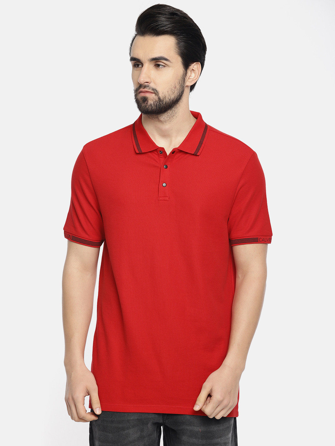 Buy Calvin Klein Jeans Men Red Solid Slim Fit Polo Collar T Shirt