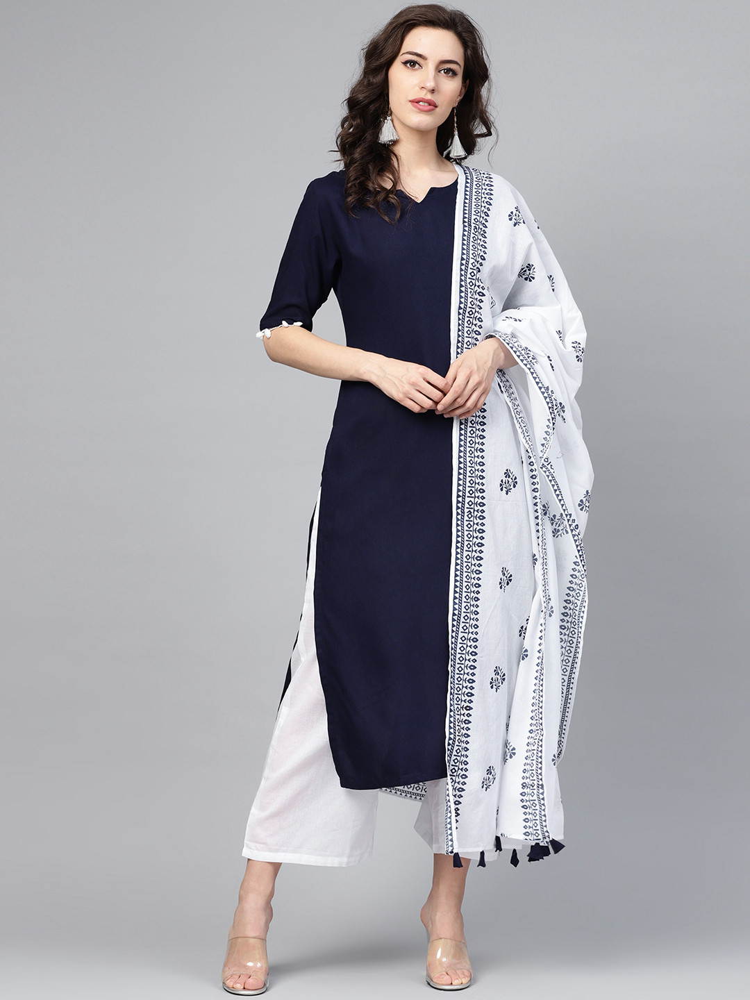 Women Liva Navy Blue Geometric Print Kurta Comfort Pant Dupatta main image 1