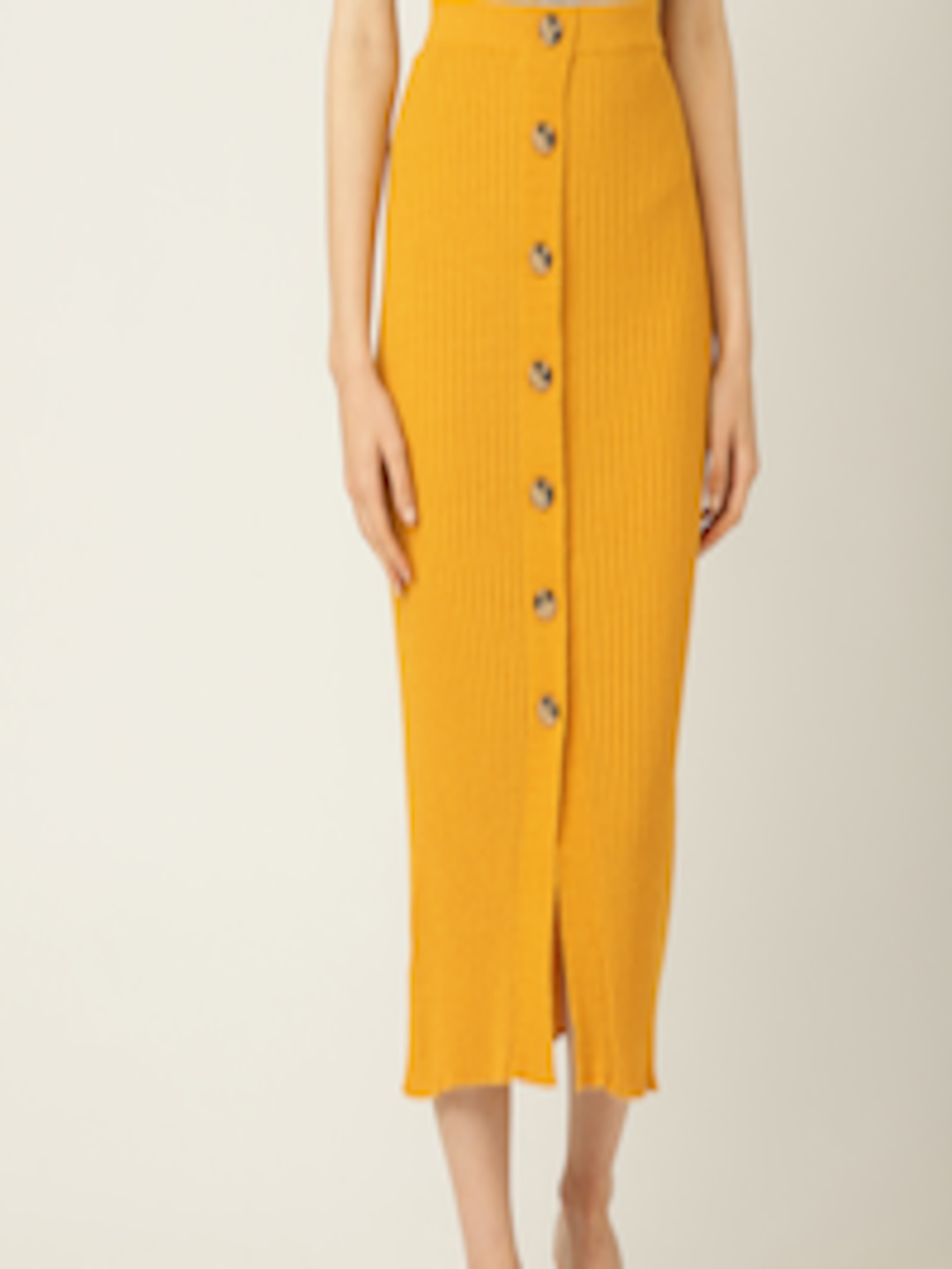 Buy MANGO Women Mustard Yellow Self Striped Midi Pencil Skirt - Skirts ...