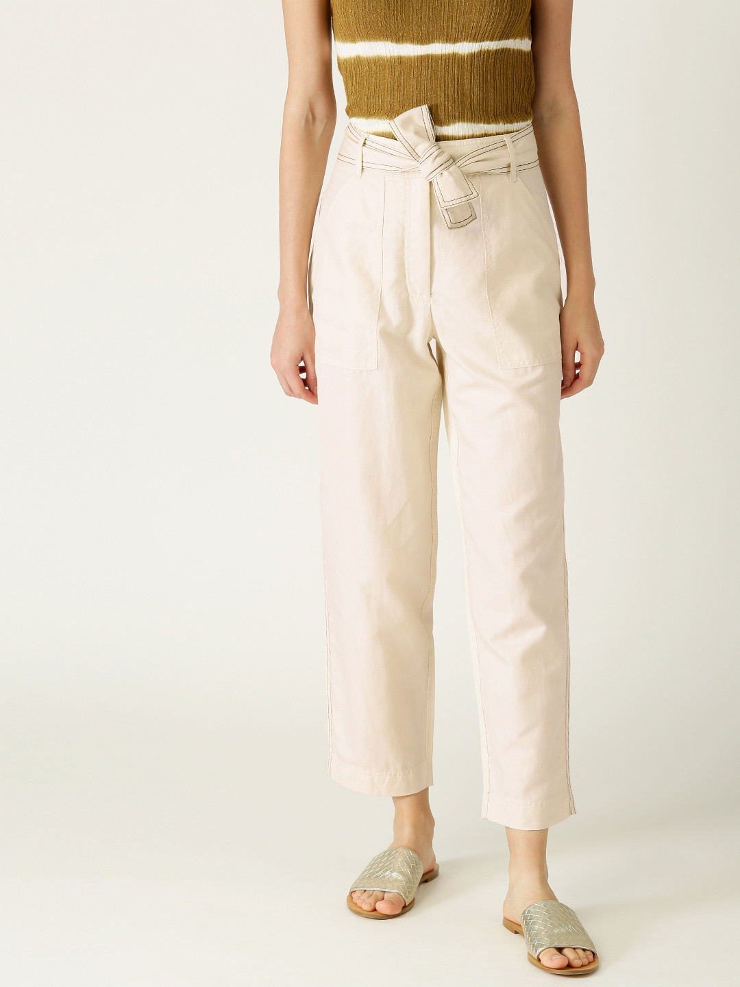 Buy MANGO Women Cream Coloured Regular Fit Solid Trousers Trousers