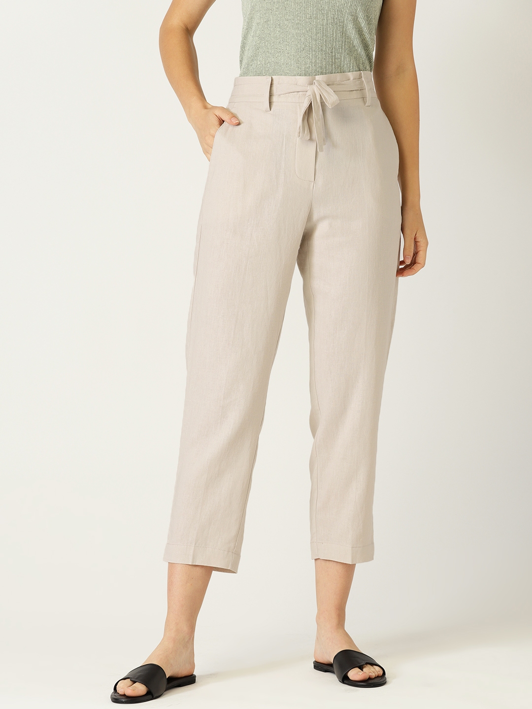 Buy MANGO Women Off White Regular Fit Cropped Trousers - Trousers for ...