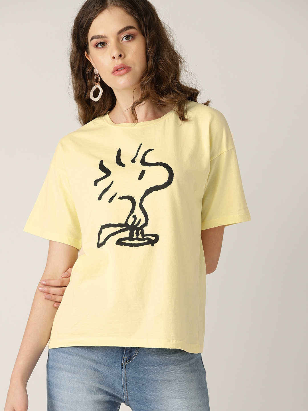Buy MANGO Women Yellow & Black Printed Round Neck T Shirt - Tshirts for ...