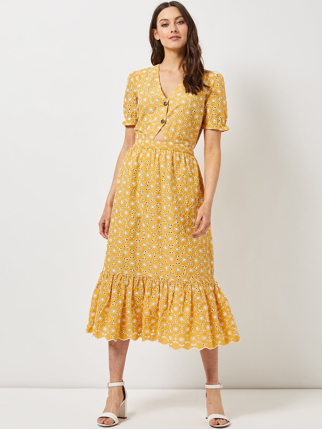 Buy DOROTHY PERKINS Women Mustard Yellow & White Embroidered A Line ...