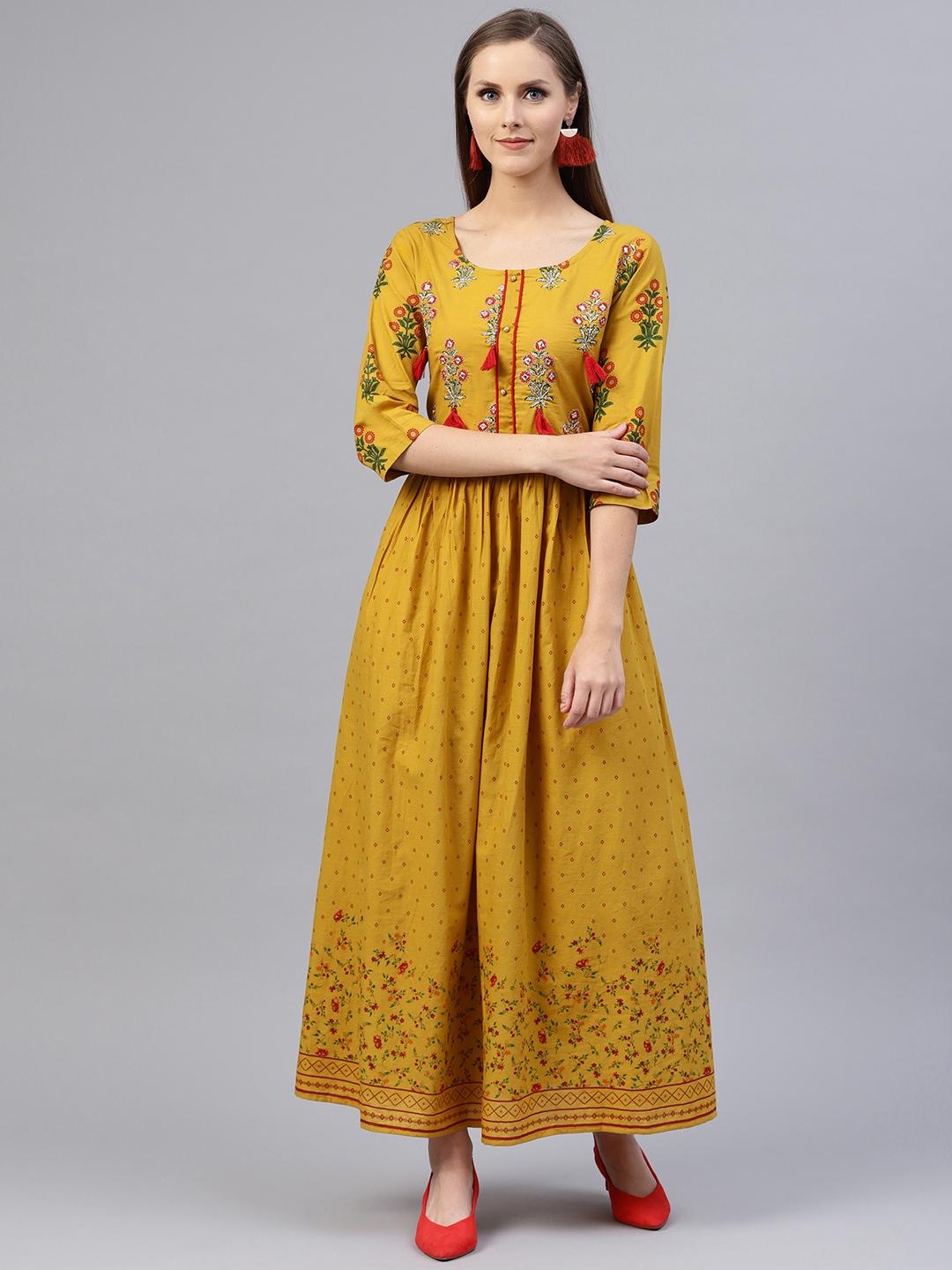 Buy Shree Women Mustard Yellow & Maroon Maxi Dress - Dresses for Women ...