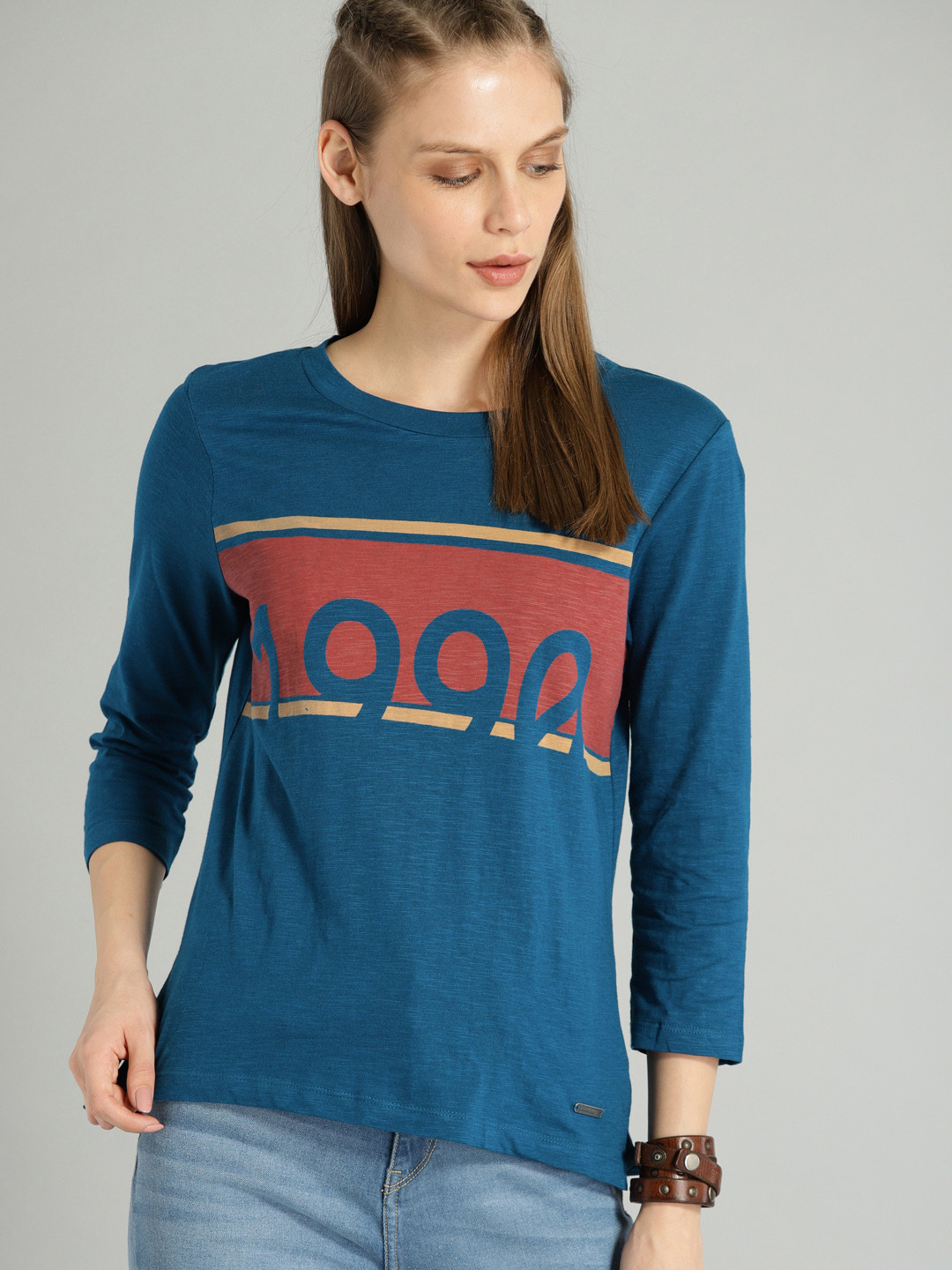 Buy The Roadster Lifestyle Co Women Blue Printed Round Neck Pure Cotton