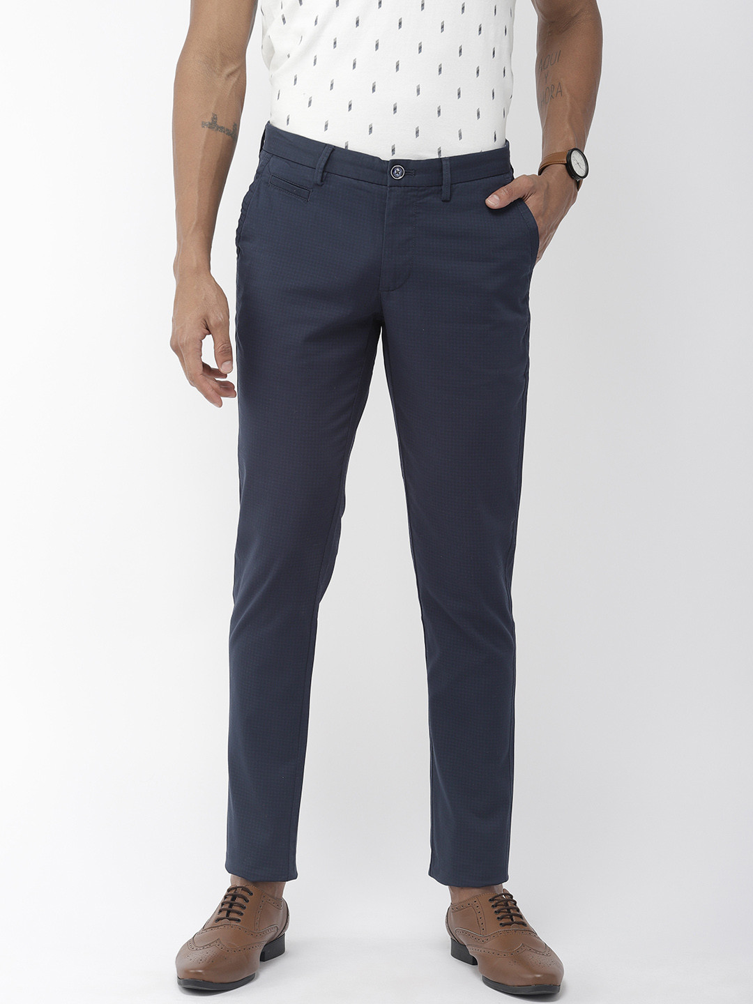 Buy Indian Terrain Men Navy Blue Kruger Skinny Fit Self Checked Regular Trousers - Trousers for 