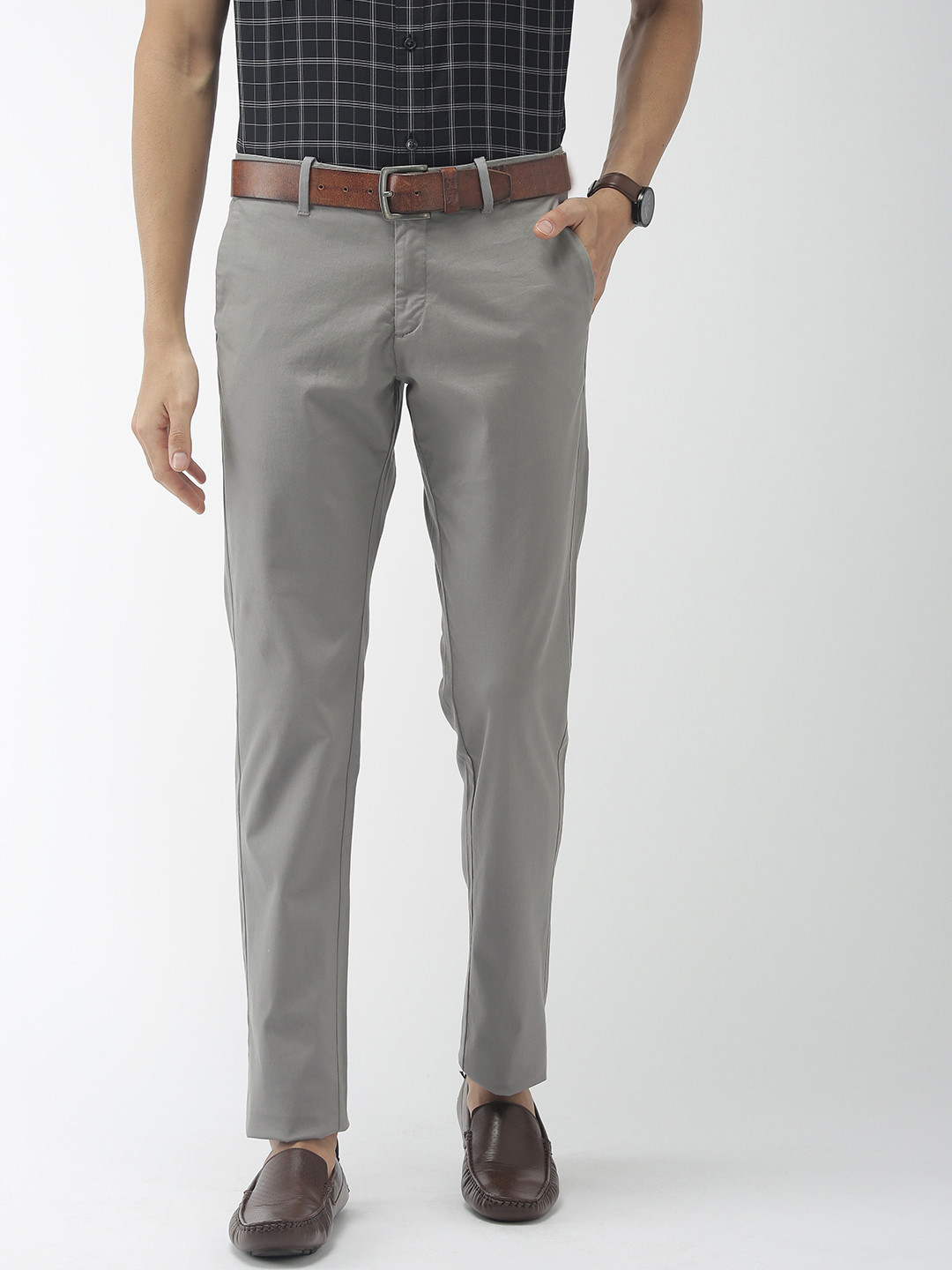 Buy Indian Terrain Men Grey Brooklyn Slim Fit Chinos - Trousers for Men ...