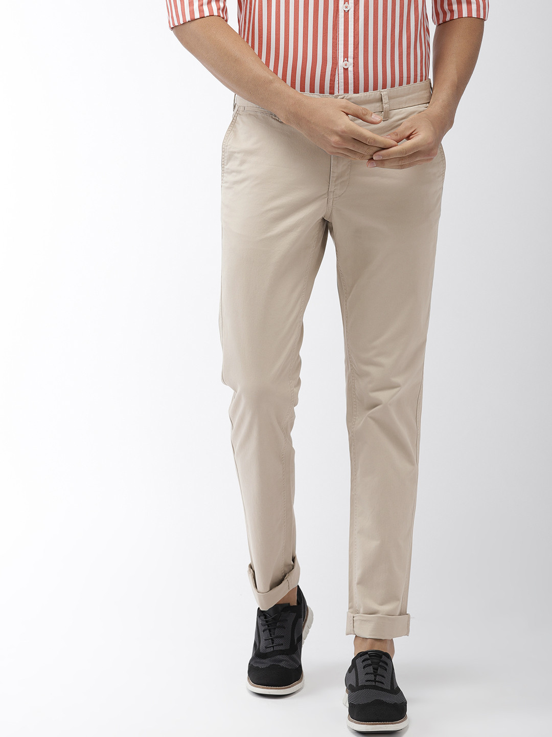 Buy Indian Terrain Men Grey Brooklyn Slim Fit Solid Chinos - Trousers ...
