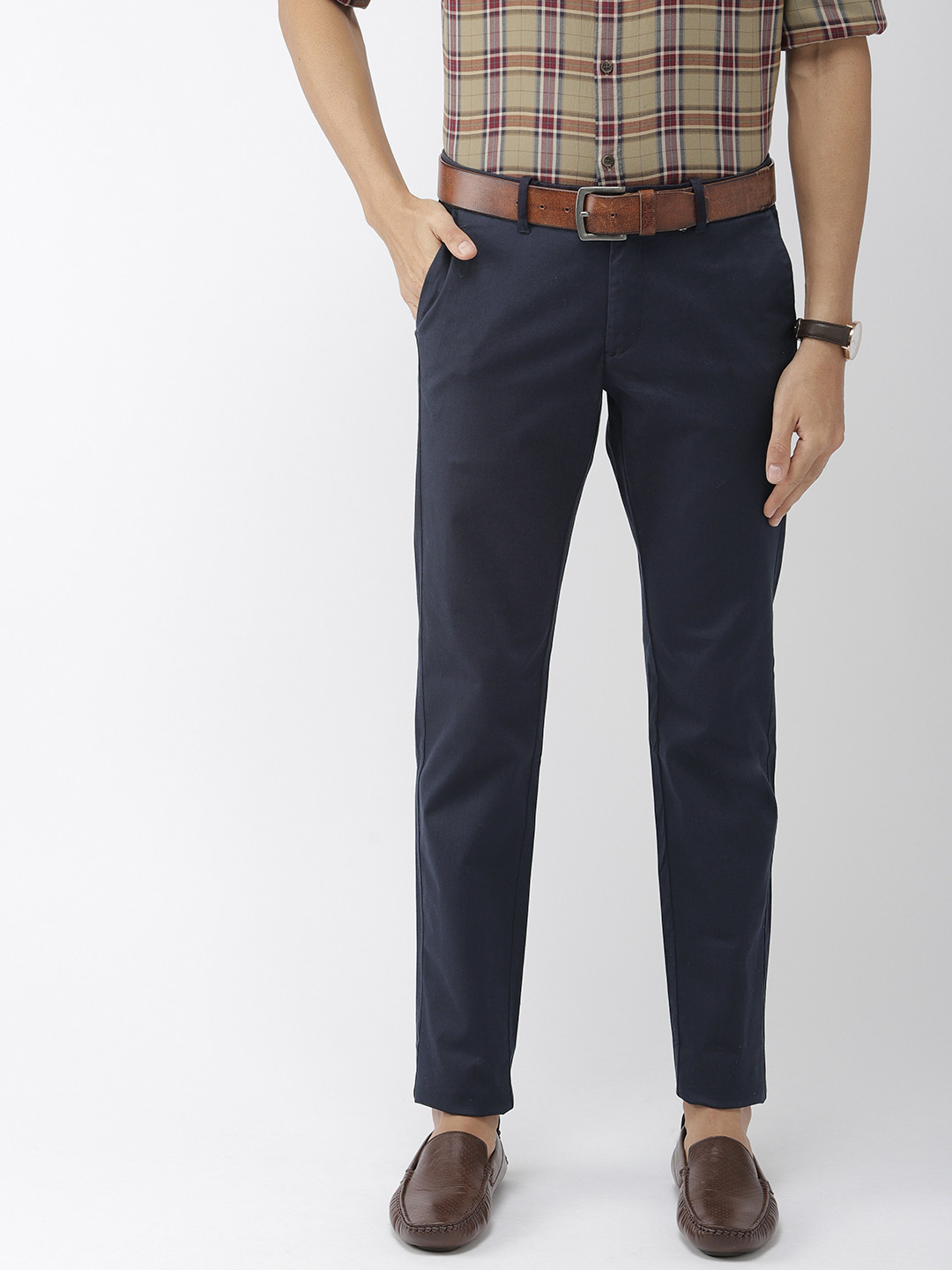 Buy Indian Terrain Men Navy Blue Brooklyn Slim Fit Solid Regular ...