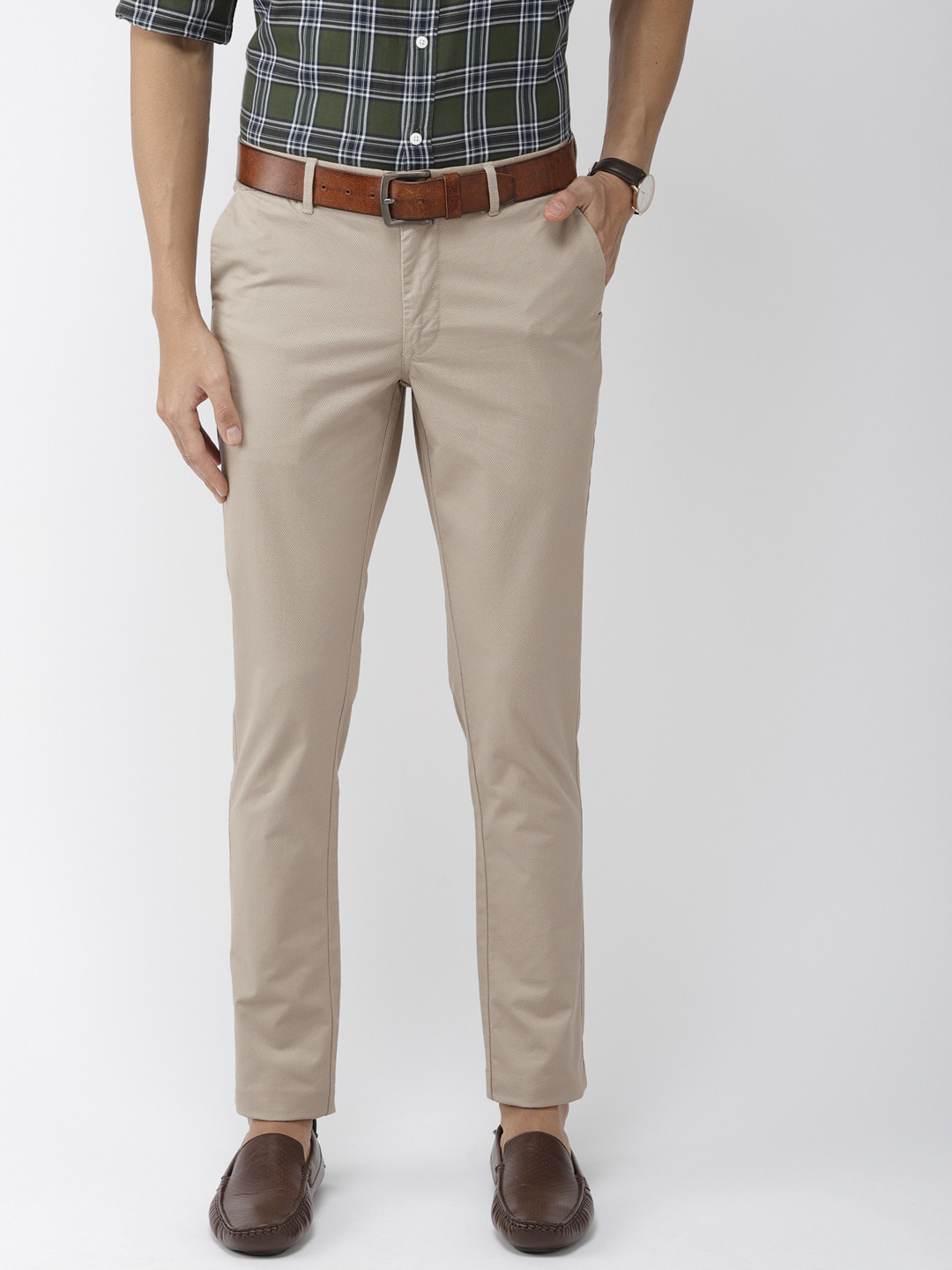 Buy Indian Terrain Men Beige & Brown Kruger Skinny Fit Printed Smart Casual Chinos - Trousers 