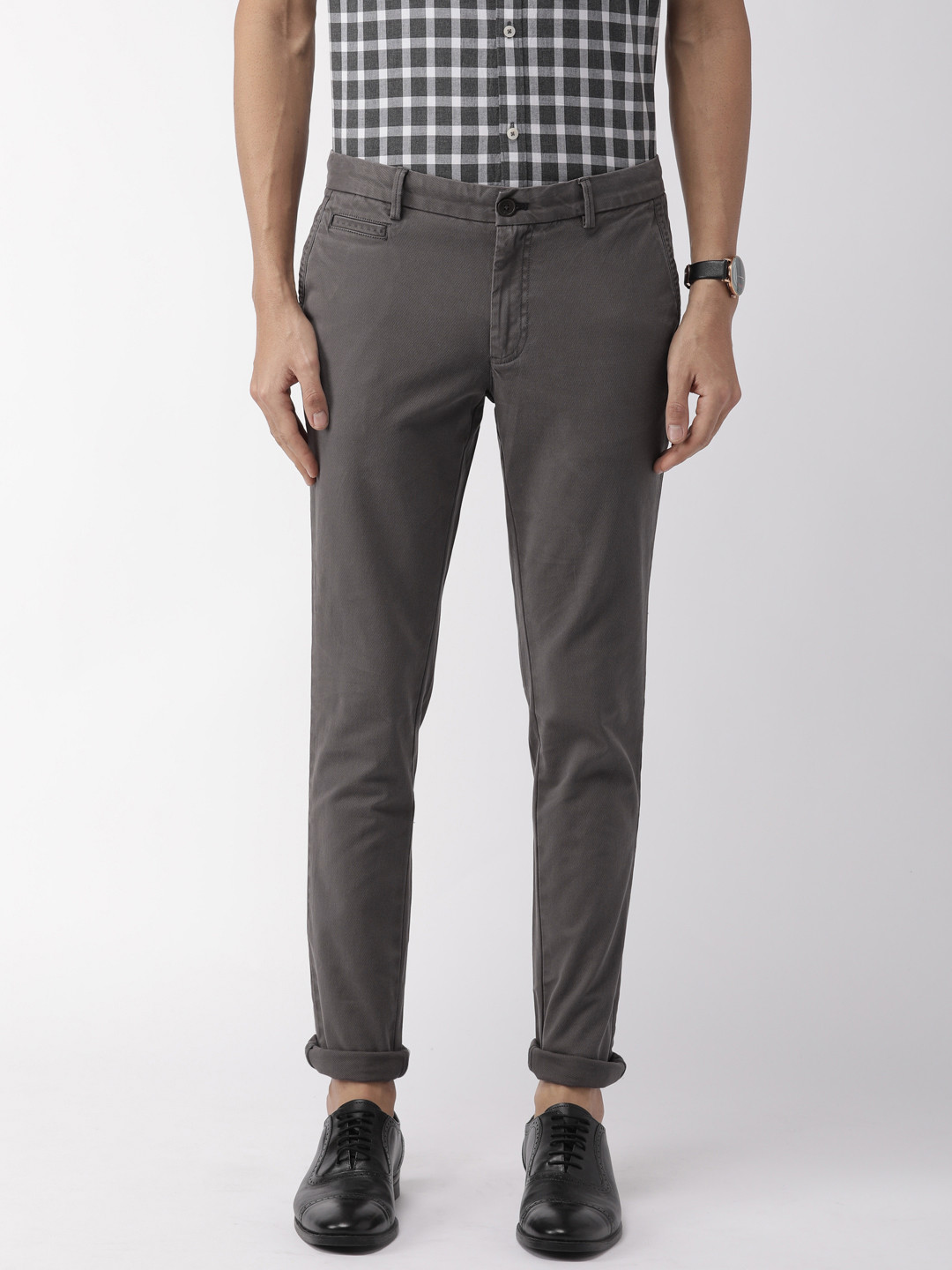 Buy Indian Terrain Men Charcoal Grey Kruger Skinny Fit Self Design Regular Trousers - Trousers 