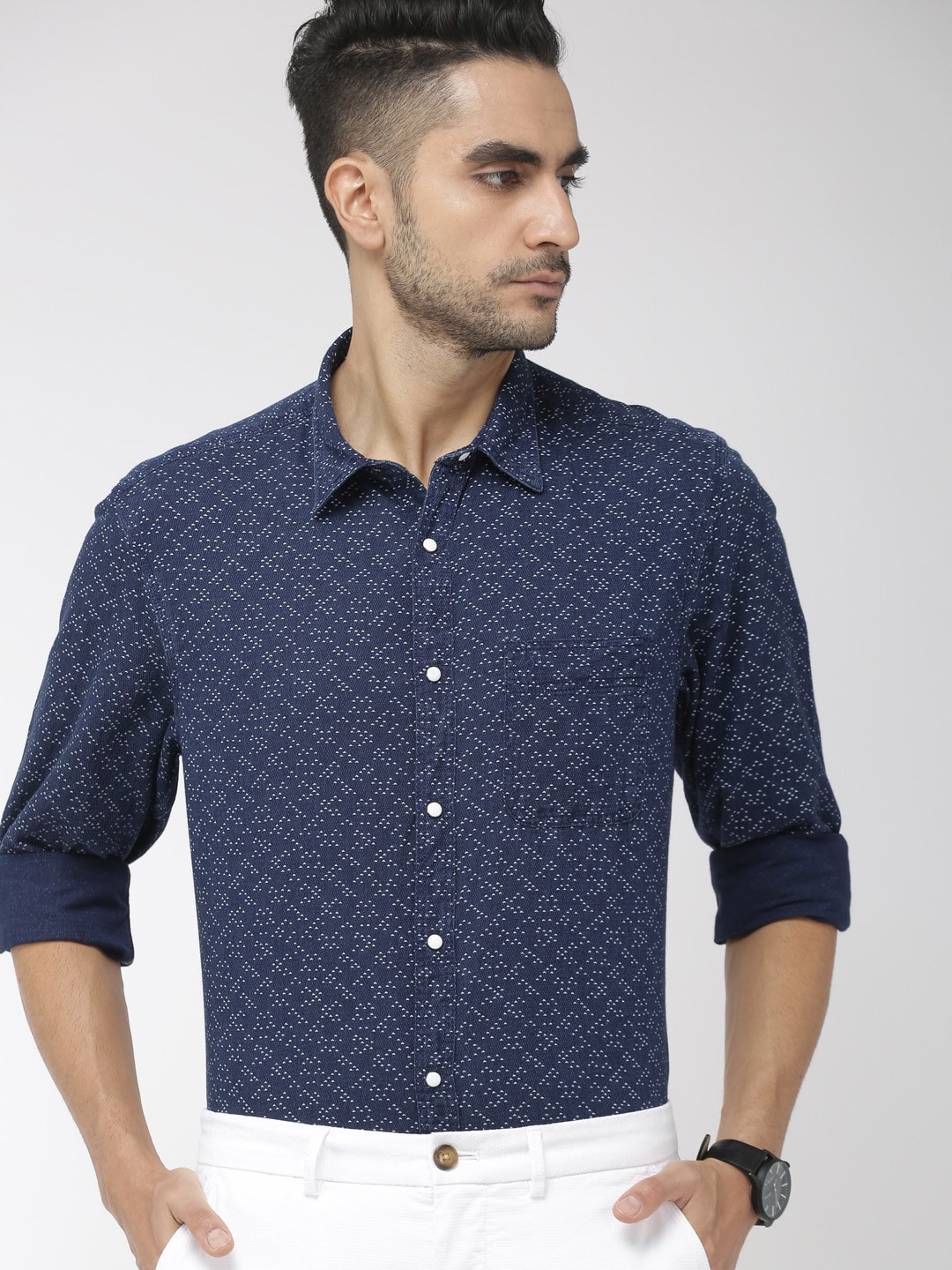 Buy Indian Terrain Men Navy Blue Regular Fit Printed Casual Shirt