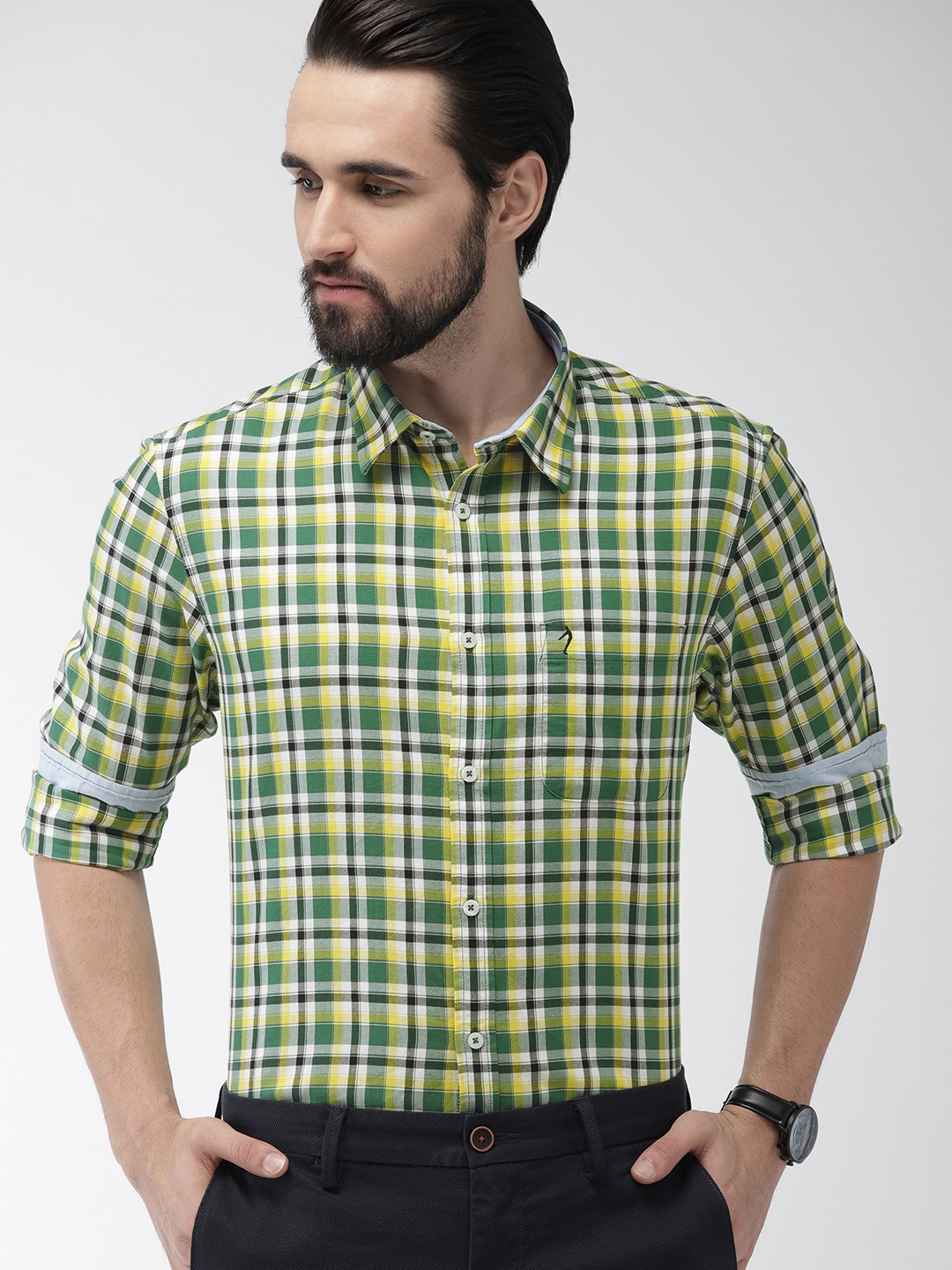 Buy Indian Terrain Men Green & Yellow Slim Fit Checked Casual Shirt ...