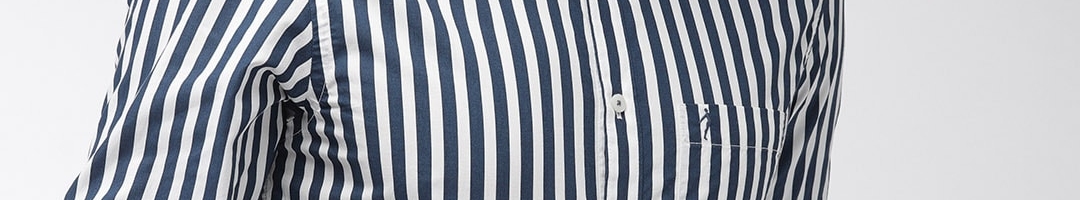 Buy Indian Terrain Men Navy Blue & White Chiseled Slim Fit Striped ...