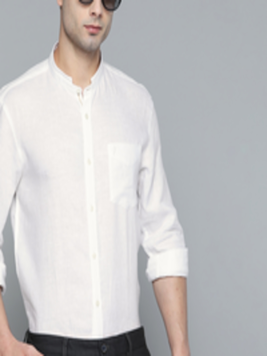 Buy Indian Terrain Men White Pure Linen Mandarin Collar Casual Shirt ...
