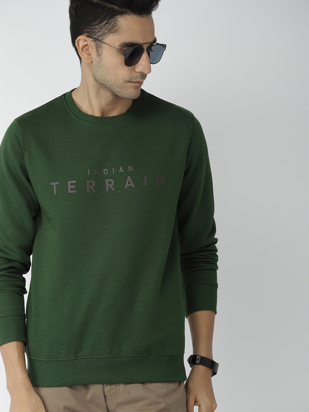 Buy Indian Terrain Men Green Printed Pullover Sweatshirt Sweatshirts