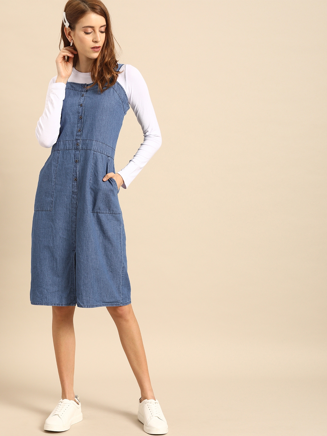 dark blue pinafore dress