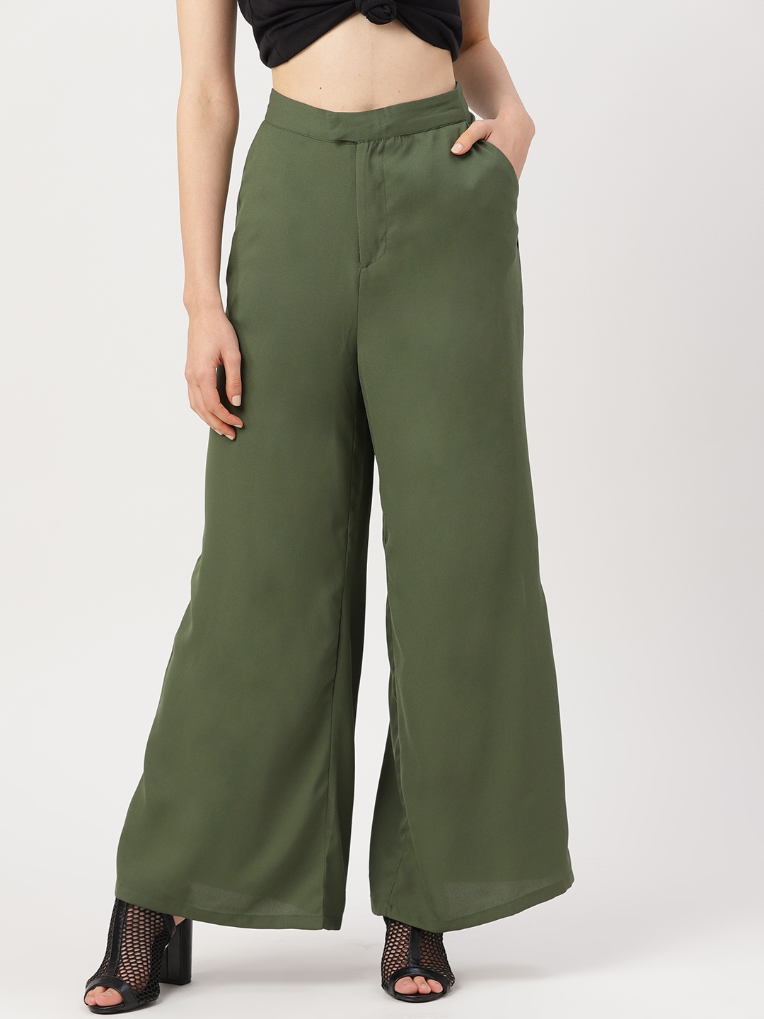 Buy DressBerry Women Olive Green Regular Fit Solid Parallel Trousers ...